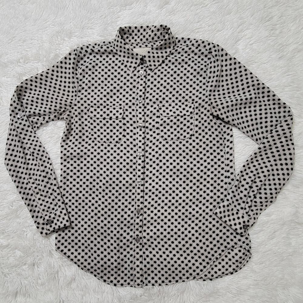 LOFT‎ Polka Dot Striped Button Down Shirt Womens XS Black White Long Sleeve
